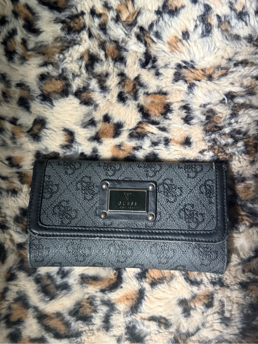 Guess Black Logo-Print Continental Wallet with Metal Plaque Accent